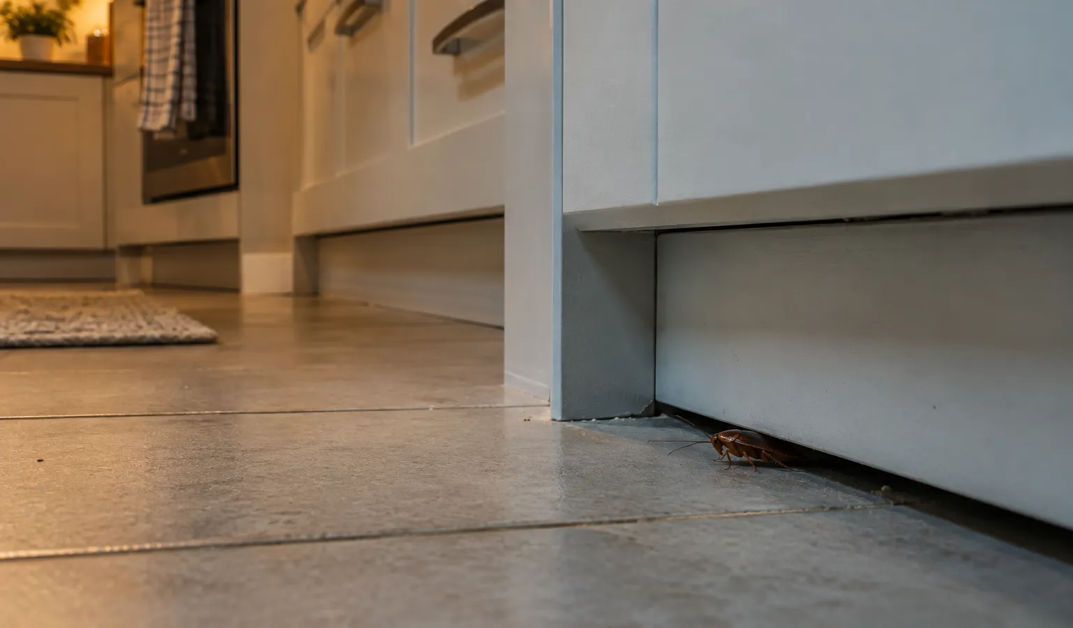 Kakkerlak langs een keukenplint na een waarneming in huis