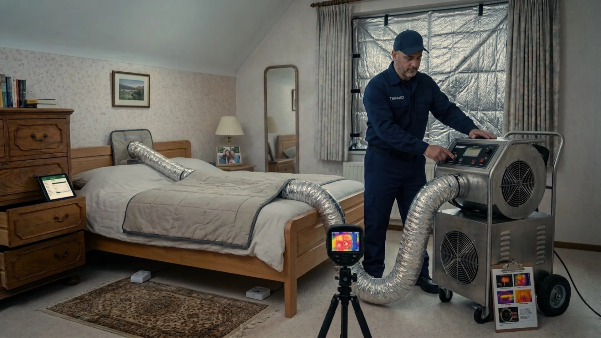 Professionele hittebehandeling in een slaapkamer tegen bedwantsen