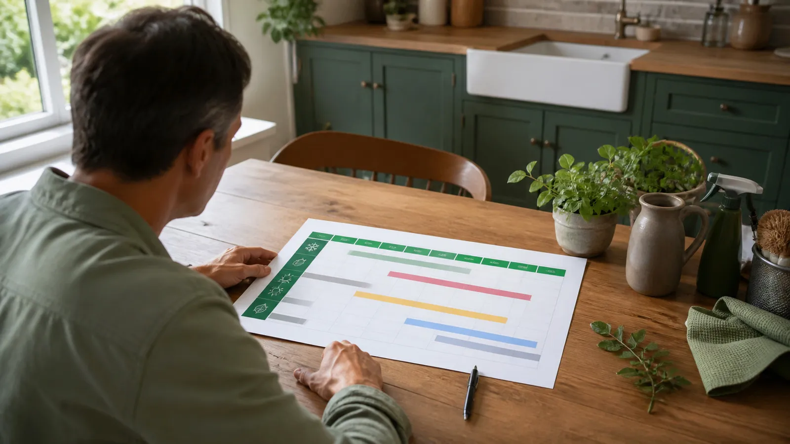 Jaarplanning voor preventie van ongedierte op een keukentafel in een Vlaamse woning