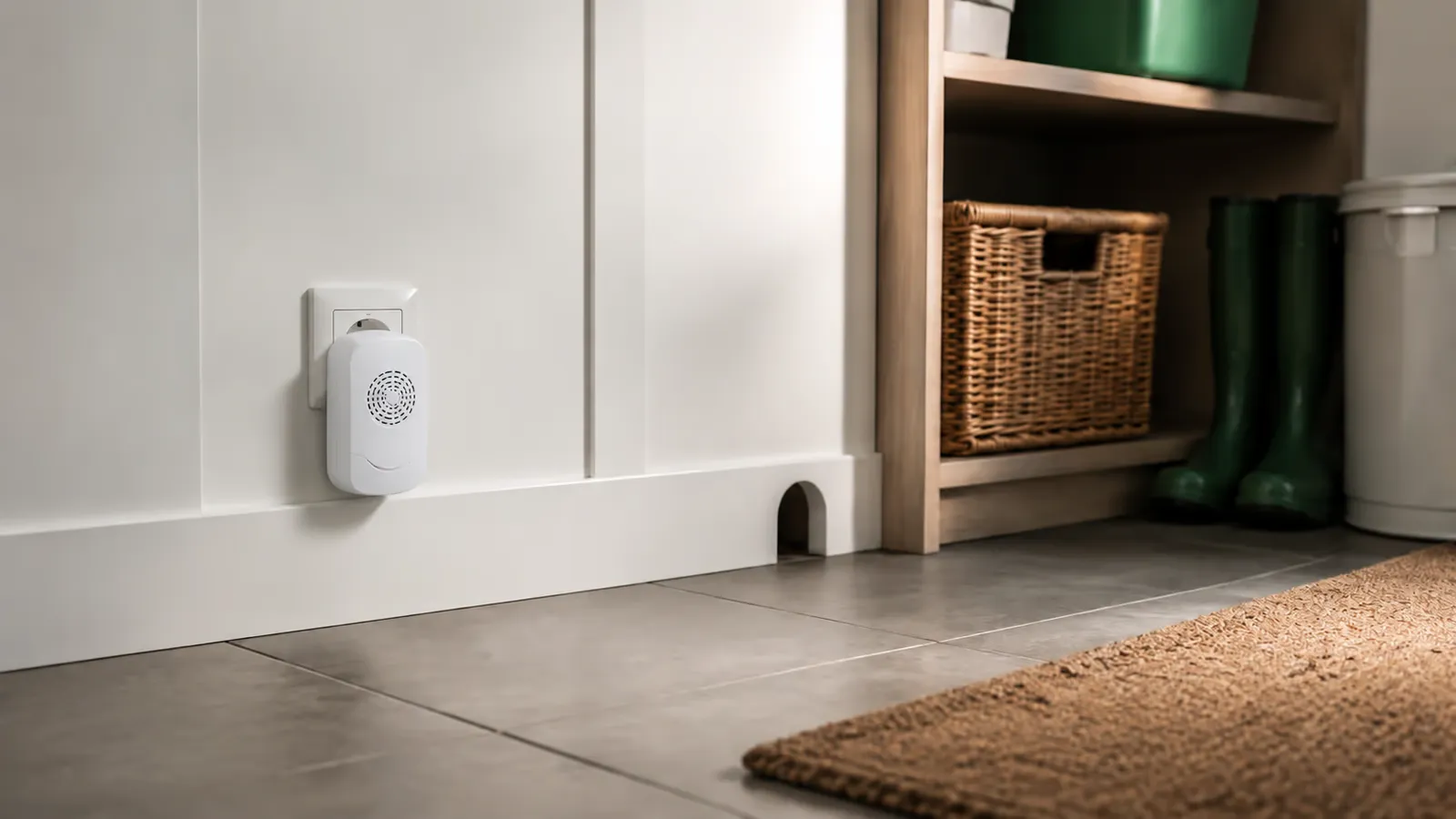 Ultrasoon toestel bij een muur in een Vlaamse woning waar muizenoverlast wordt onderzocht