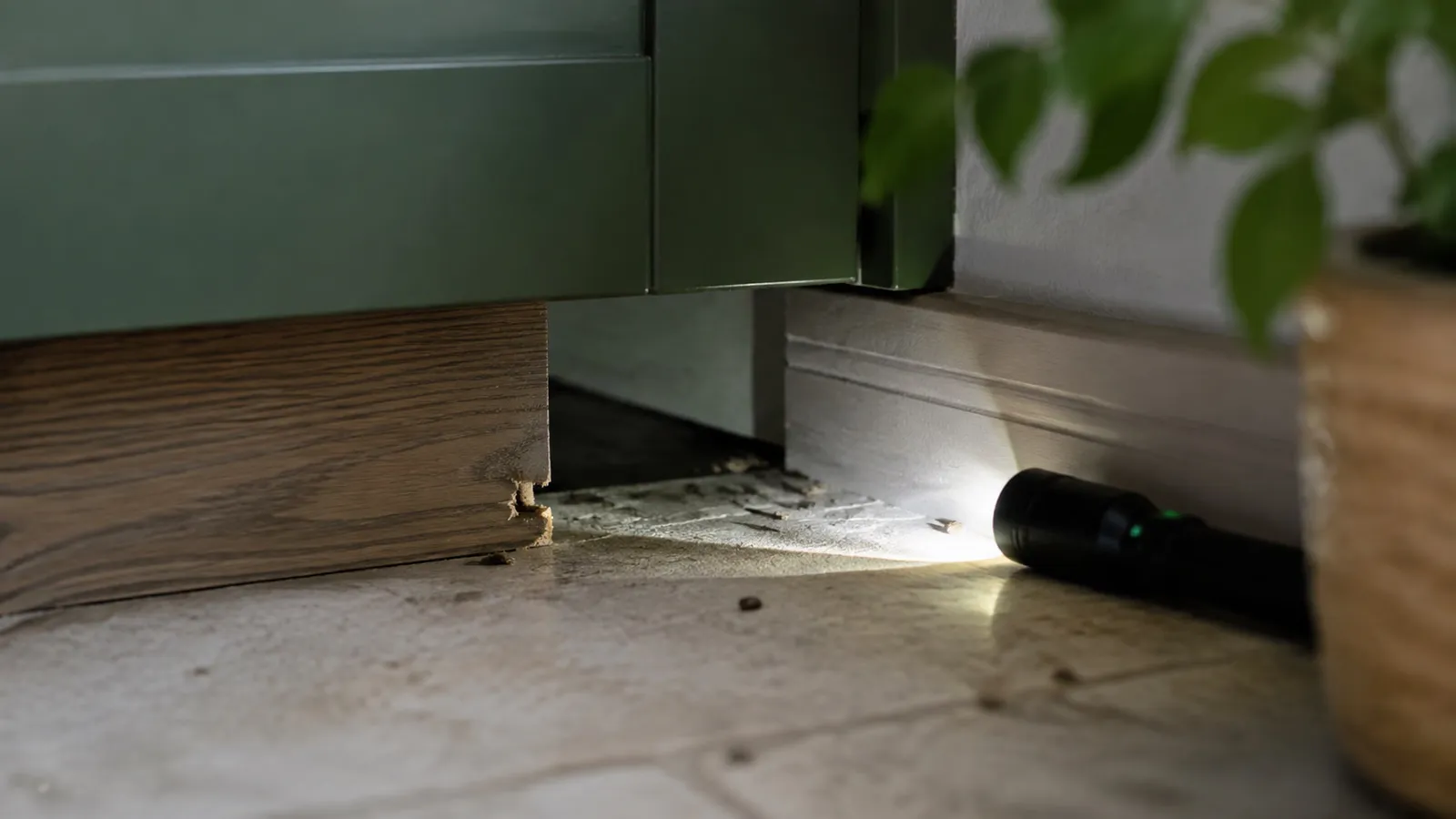 Subtiele muizensporen bij een keukenkast die tijdens een inspectie zichtbaar worden