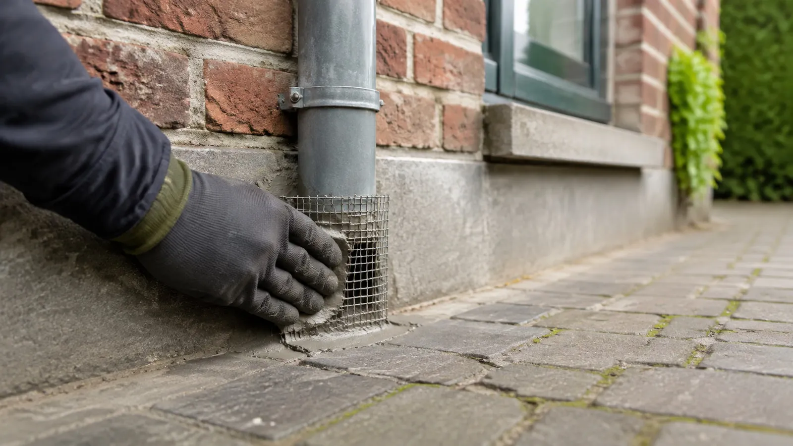 Opening rond een leiding die met stevig gaas wordt afgesloten tegen ratten