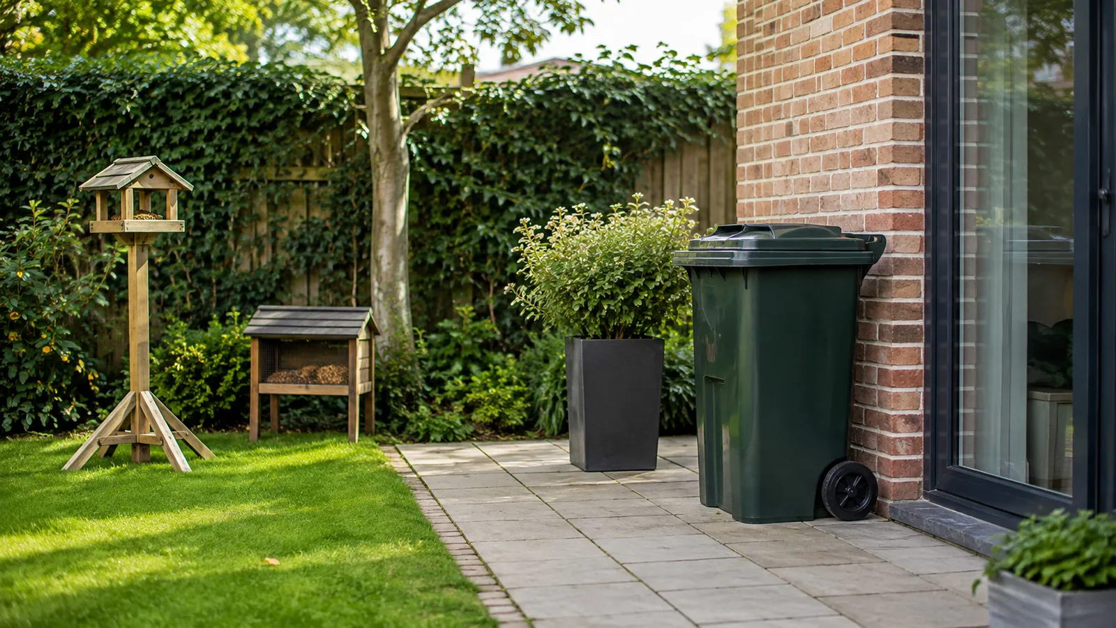 Afgesloten afvalbak en beveiligde vogelvoeding in een Vlaamse tuin