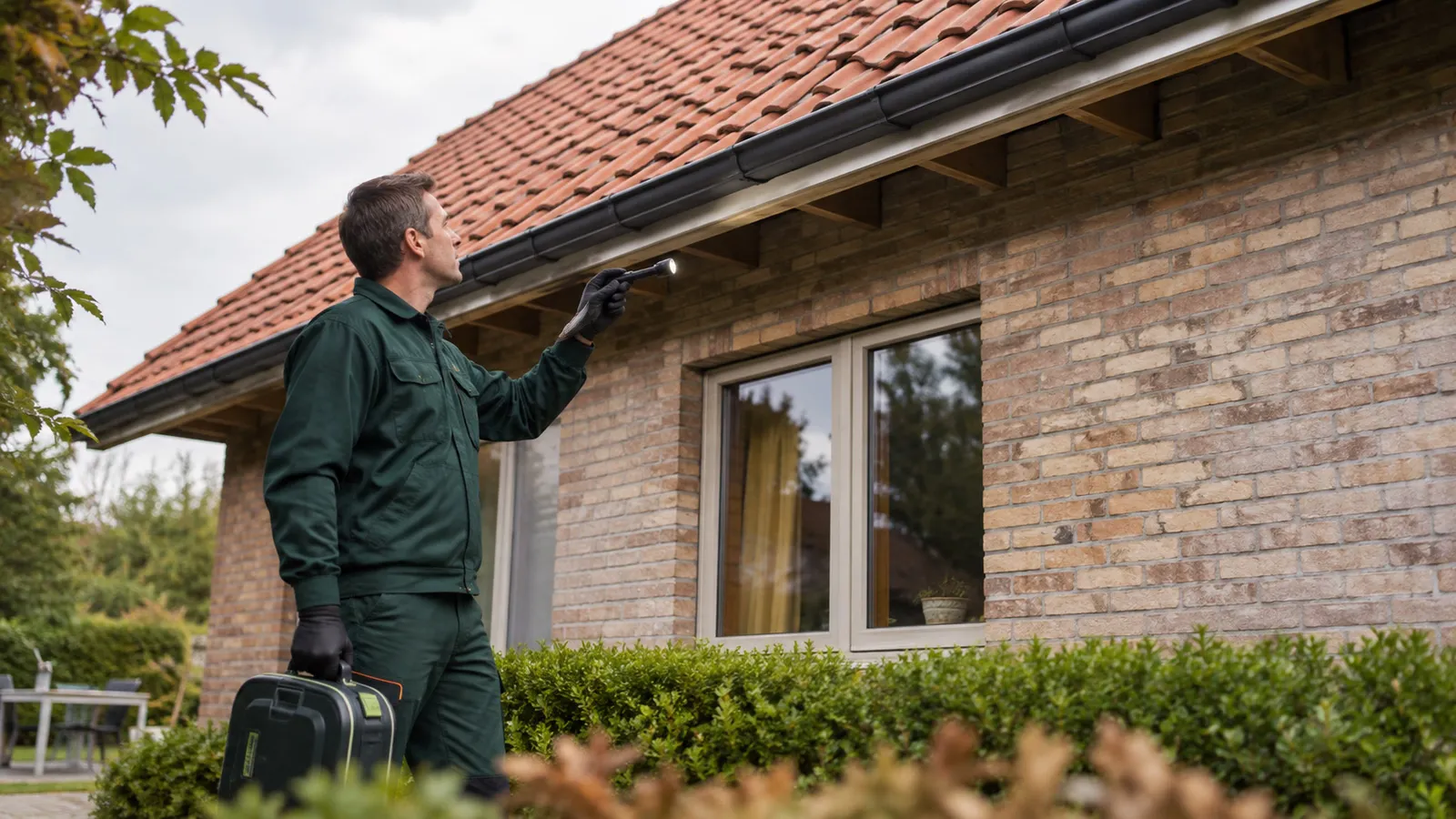 Bestrijder inspecteert een dakrand op een veilige afstand van een wespennest