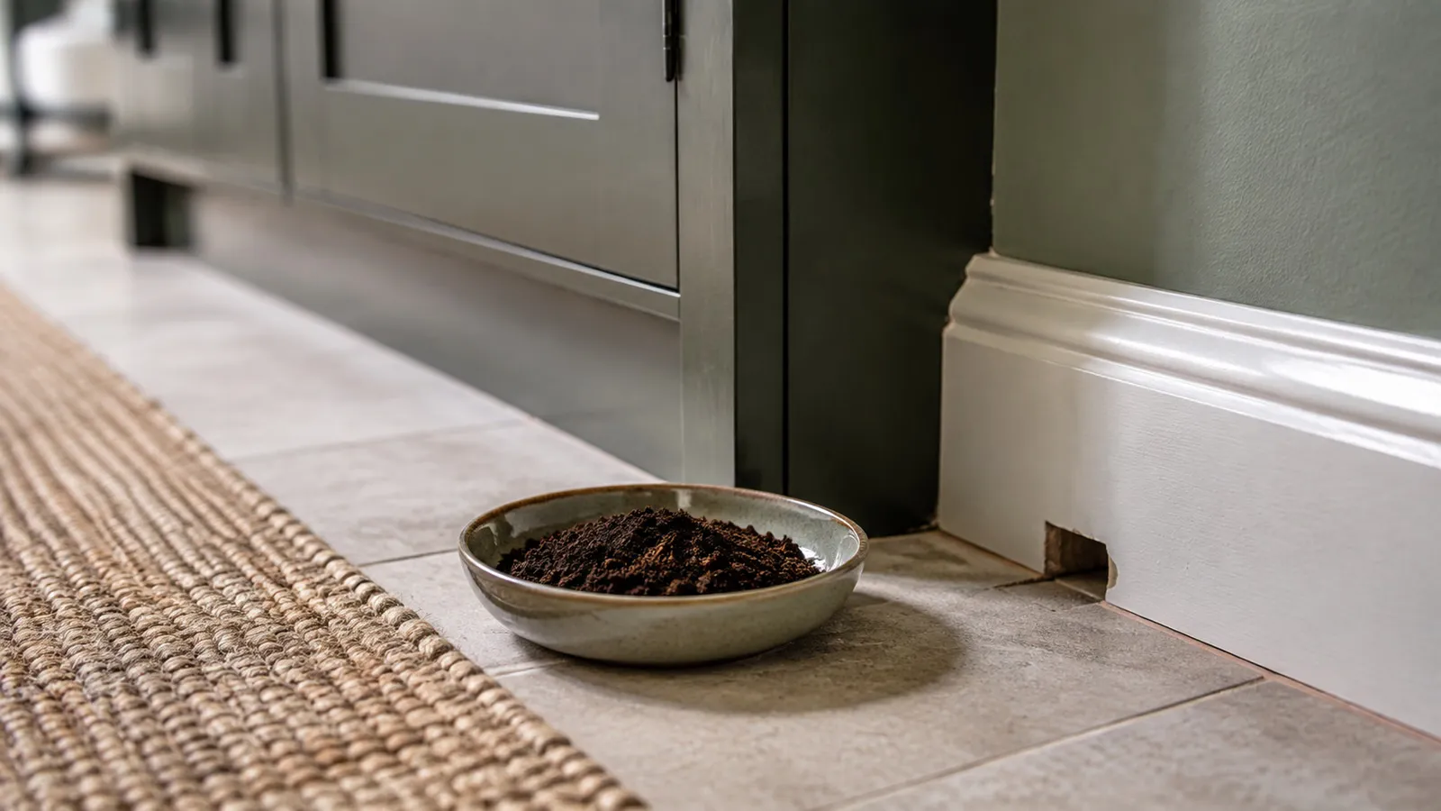 Kommetje koffiedik bij een plint als tijdelijk huismiddel tegen muizen