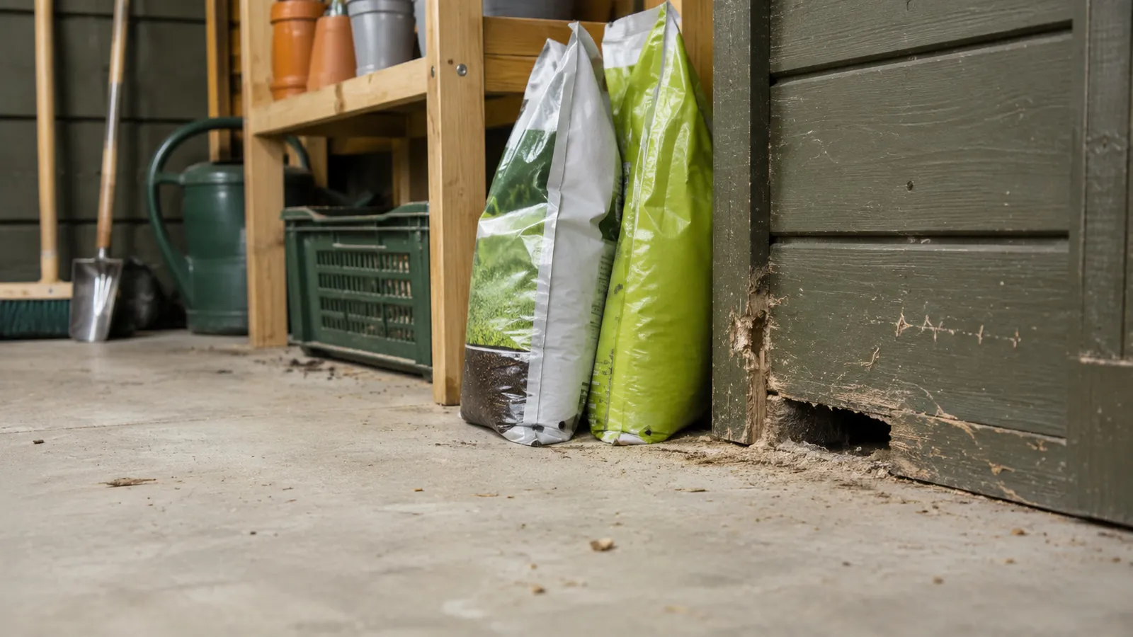 Rattensporen en een toegangskier op de vloer van een tuinhuis