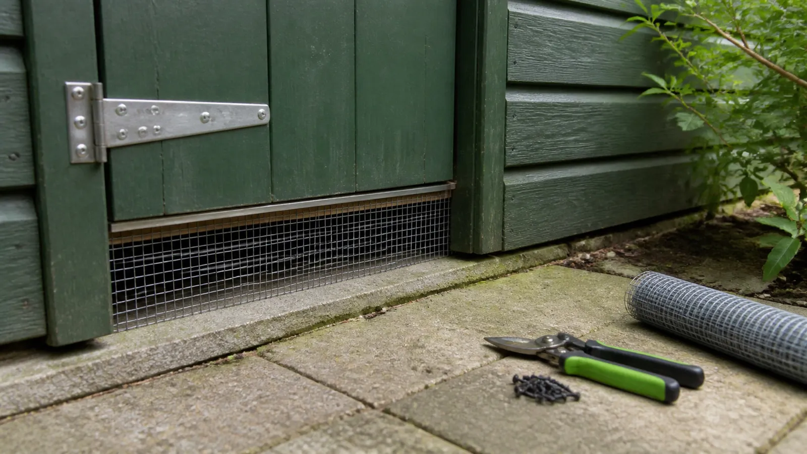 Kier onder de deur van een tuinhuis die met stevig gaas wordt afgesloten