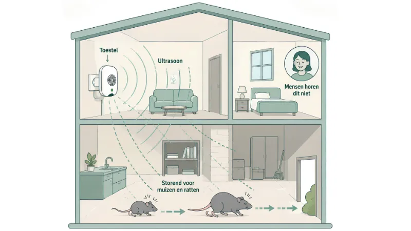 Diagram van een ultrasoon toestel dat geluidsgolven door een woning verspreidt om muizen en ratten te verjagen, onhoorbaar voor mensen