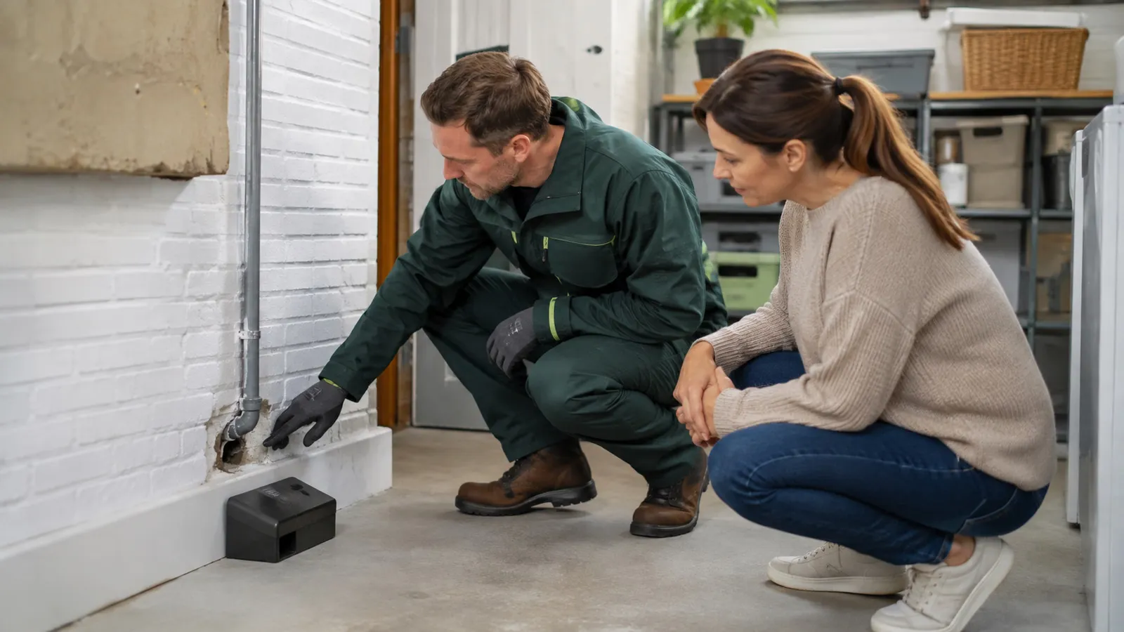 Bestrijder bespreekt afdichting en monitoring van muizenactiviteit met een bewoner