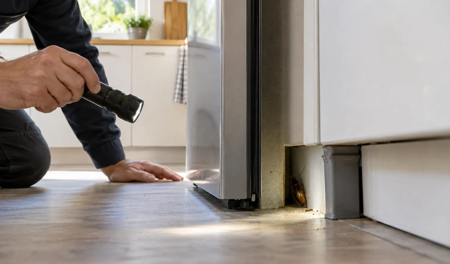 Inspectie overdag met een zaklamp achter een keukenapparaat waar een kakkerlak zich kan verstoppen