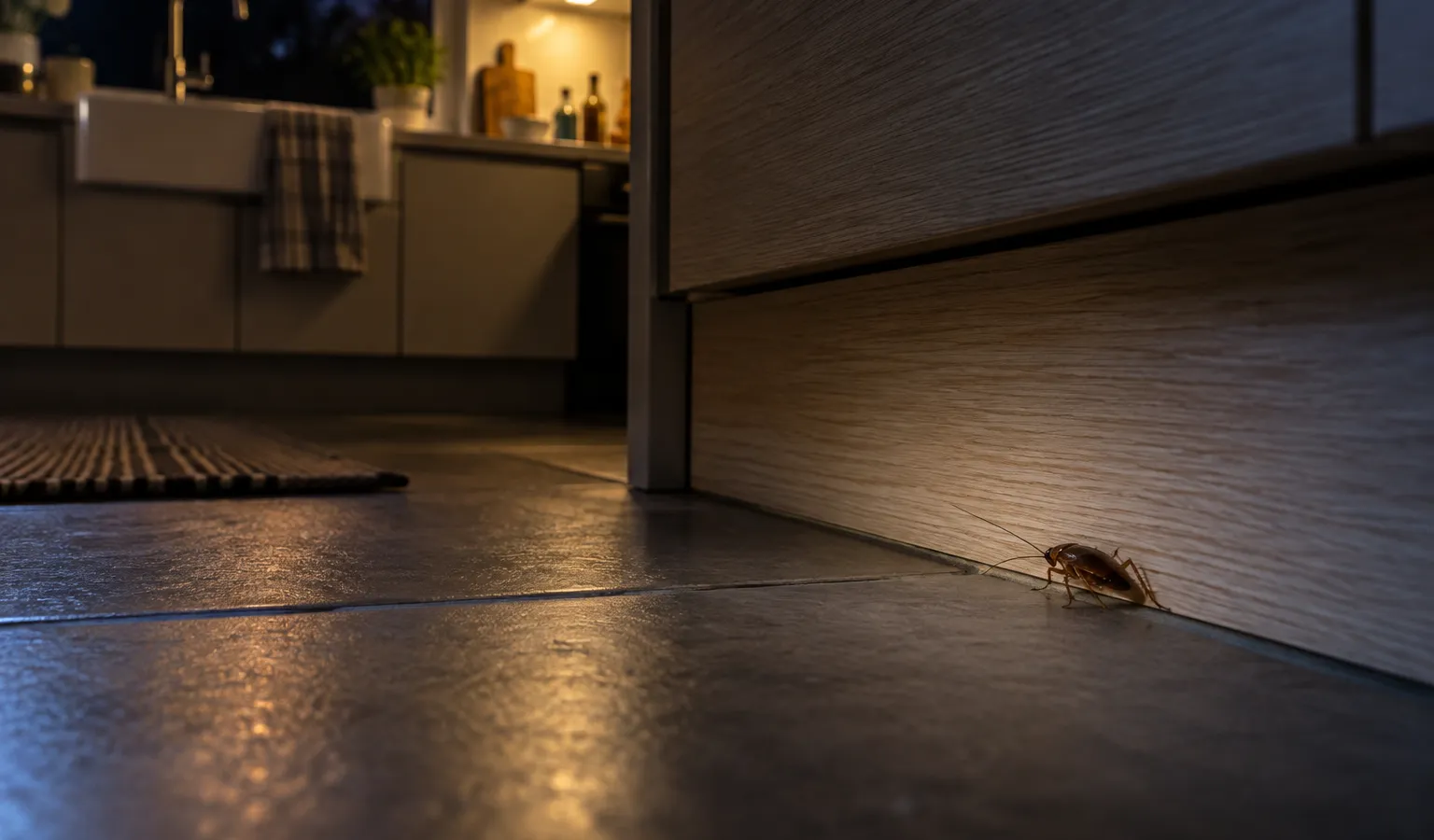 Kakkerlak die 's nachts langs een keukenplint beweegt