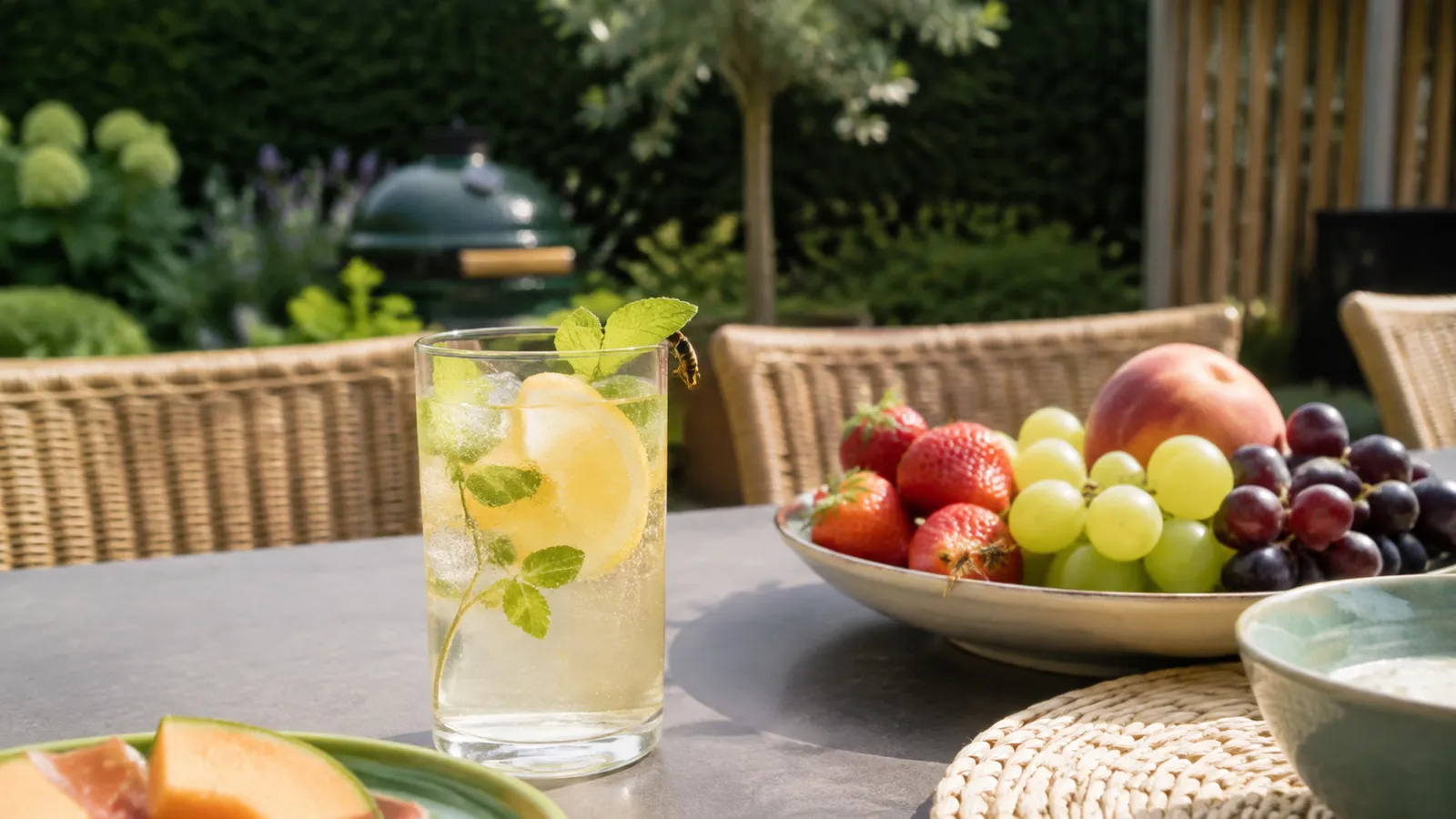 Zoet drankje en fruit op een tuintafel die wespen aantrekken