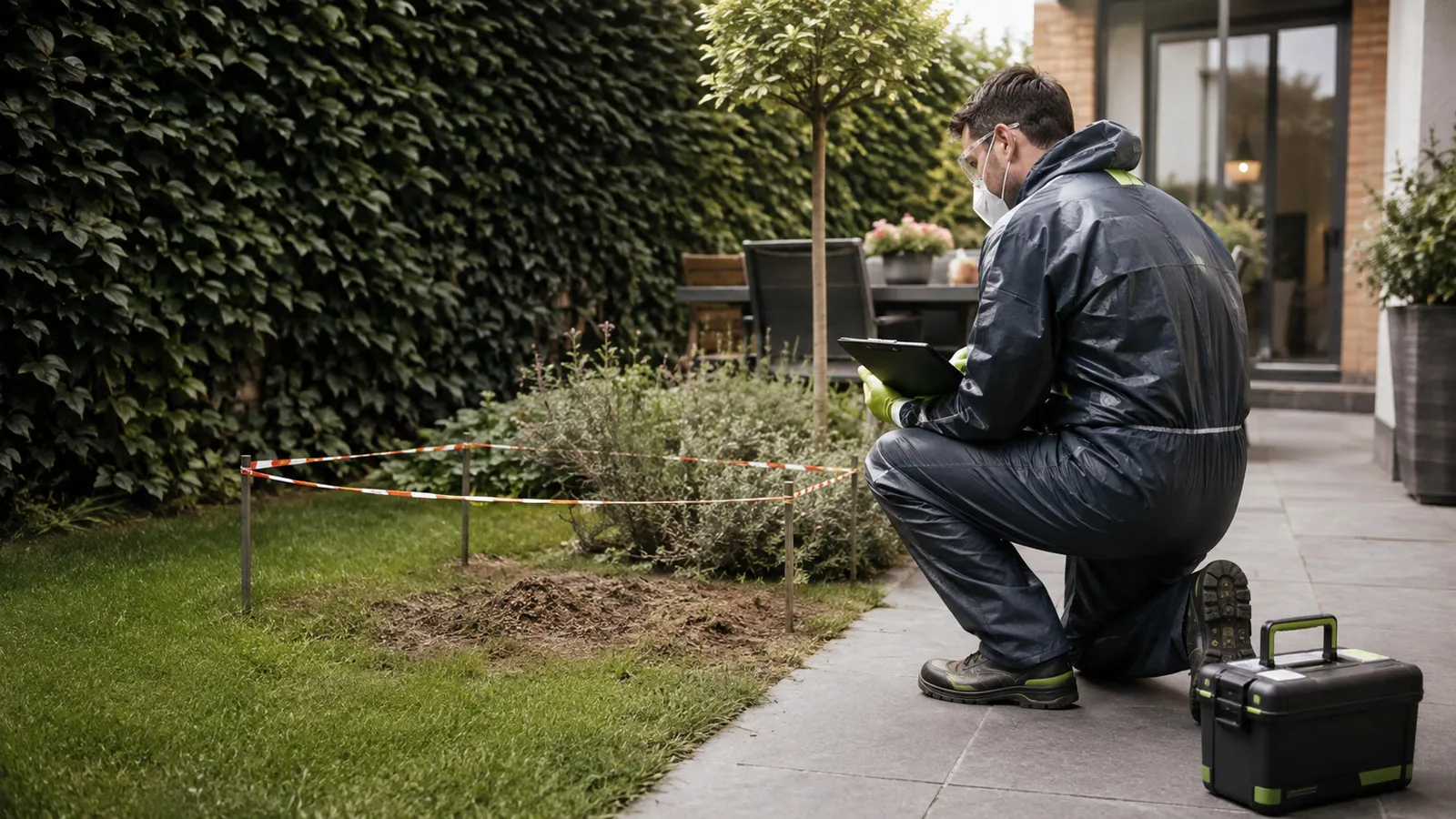 Bestrijder beoordeelt op veilige afstand een afgezette zone rond een grondnest