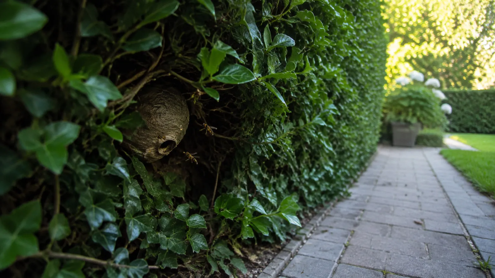 Wespennest laag in een tuinhaag naast een verhard tuinpad