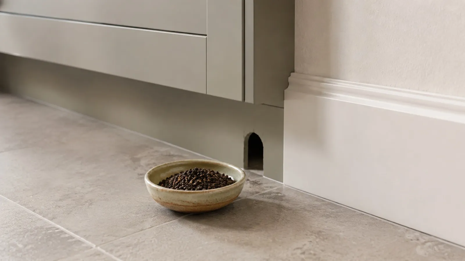 Kommetje zwarte peper bij een plint als tijdelijk huismiddel tegen ratten